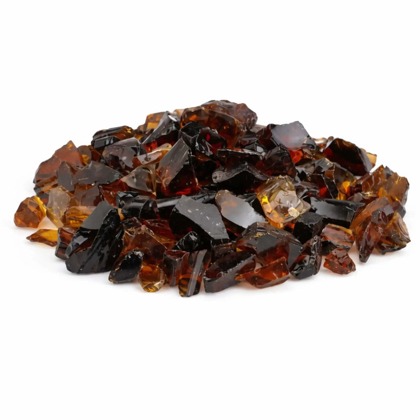 Pile of American Fire Products tempered recycled broken glass in Auburn finish, featuring a rich blend of amber, bronze, and deep brown translucent pieces with reflective edges for gas fire pits and fireplaces.