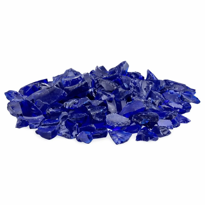 Pile of dark blue tempered recycled fire glass with deep cobalt coloring and glossy, light-catching surfaces designed for use in gas fire pits and fireplaces.