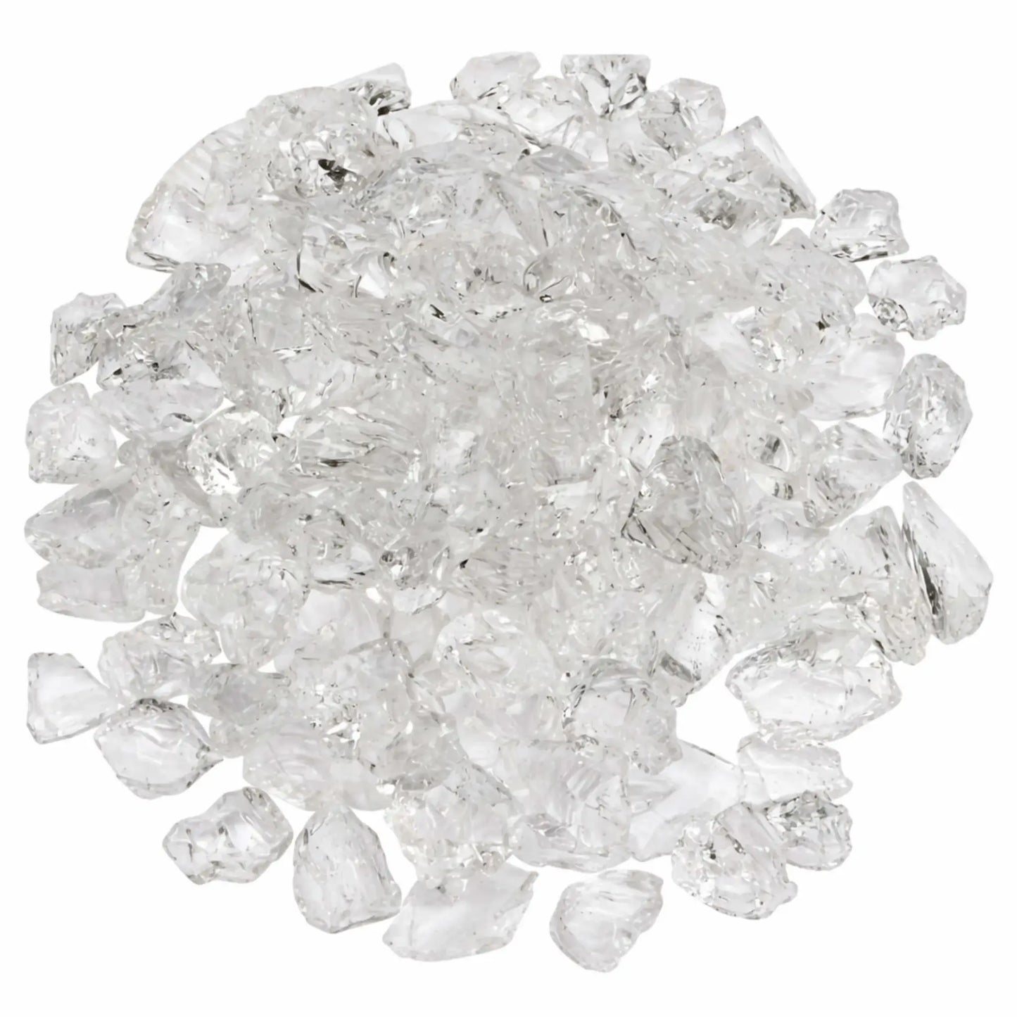 Top view of Ice White recycled fire glass pieces arranged in a rounded pile, showcasing clear, ice-like shards with smooth edges and light-catching clarity.