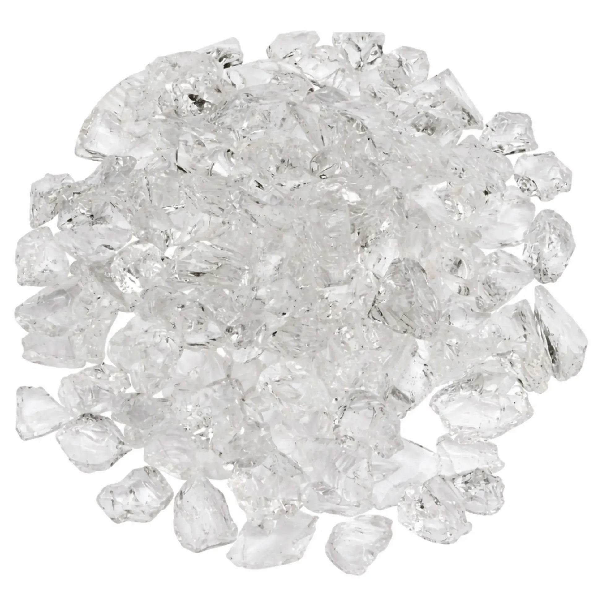 Top view of Ice White recycled fire glass pieces arranged in a rounded pile, showcasing clear, ice-like shards with smooth edges and light-catching clarity.