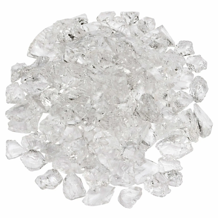 Top view of Ice White recycled fire glass pieces arranged in a rounded pile, showcasing clear, ice-like shards with smooth edges and light-catching clarity.