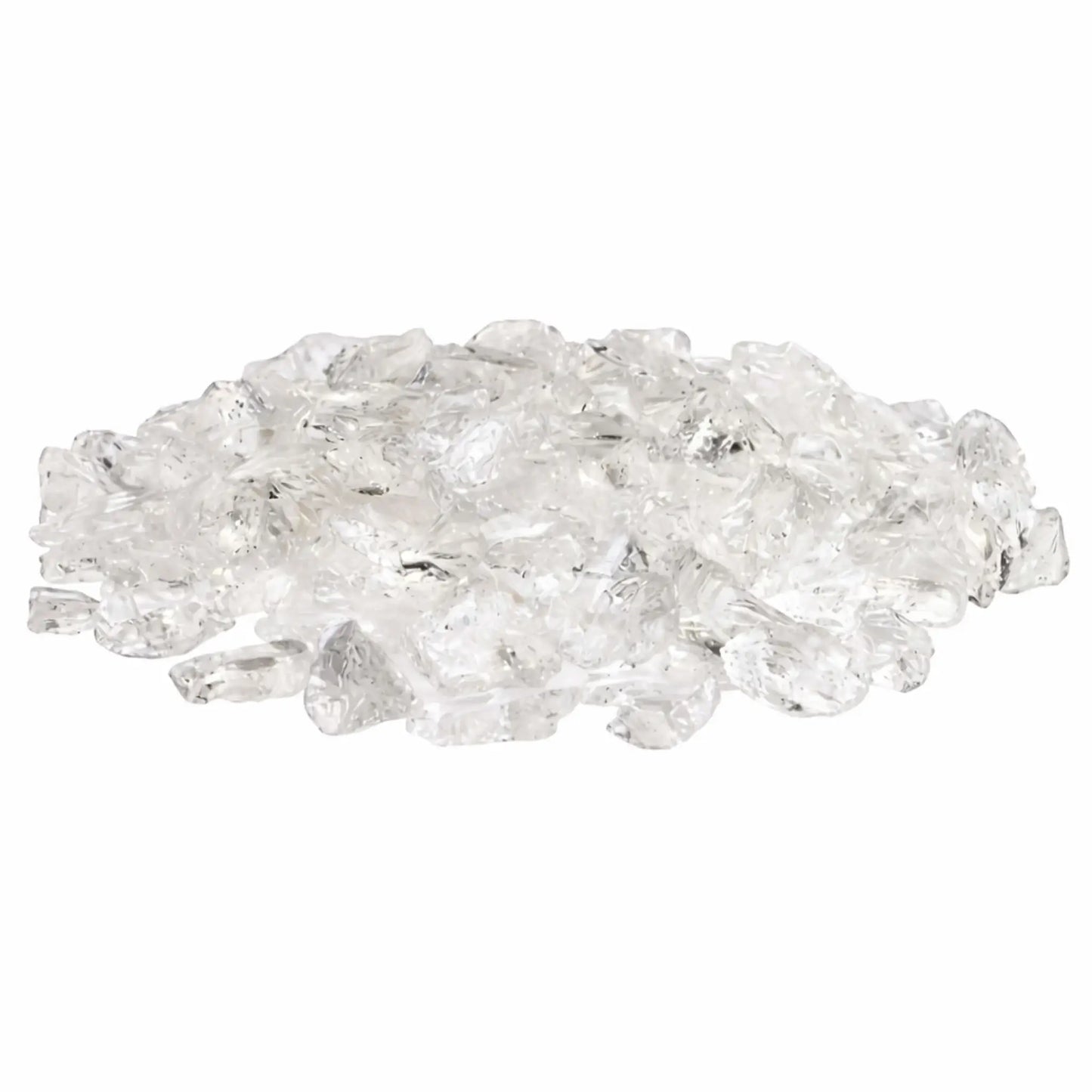 Pile of Ice White tempered recycled fire glass featuring clear, translucent pieces with frosted undertones and polished edges, designed for gas fire pits and modern fireplaces.