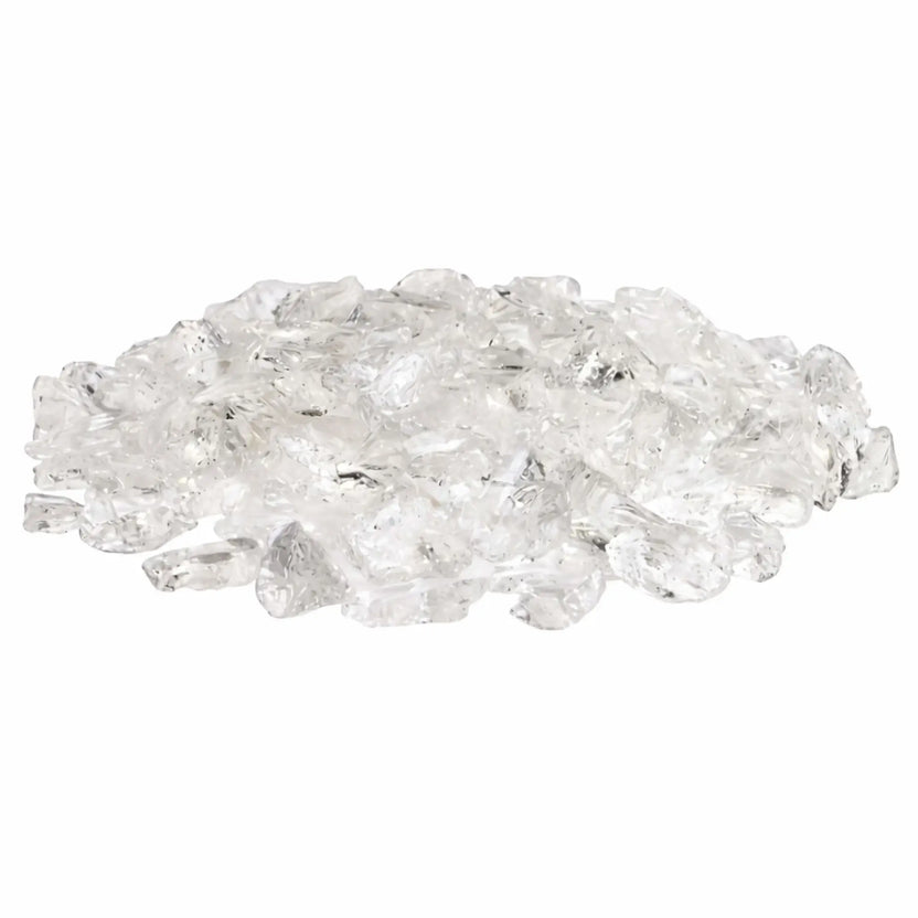 Pile of Ice White tempered recycled fire glass featuring clear, translucent pieces with frosted undertones and polished edges, designed for gas fire pits and modern fireplaces.