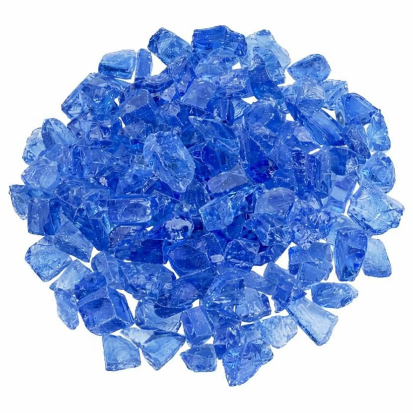 Top-down view of light blue tempered recycled fire glass arranged in a rounded pile, showing mixed sky-blue tones, translucent depth, and polished edges that catch and reflect the light.