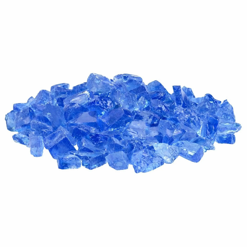 Pile of light blue tempered recycled fire glass with soft sky-blue tones and semi-translucent finish, ideal for decorative gas fire pits and contemporary fireplace designs.