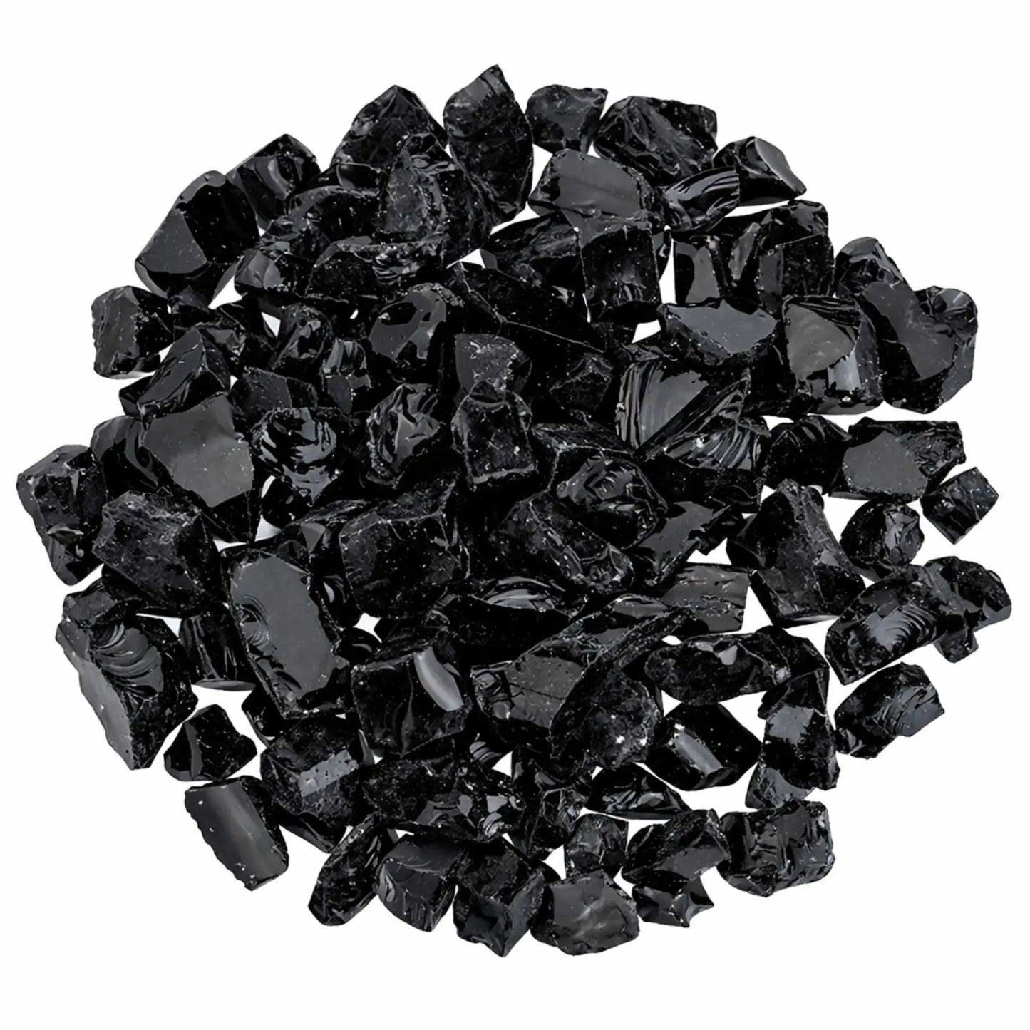 Overhead view of Onyx Black recycled fire glass in a dense circular arrangement, showcasing glossy black shards with reflective surfaces and varied geometric shapes.