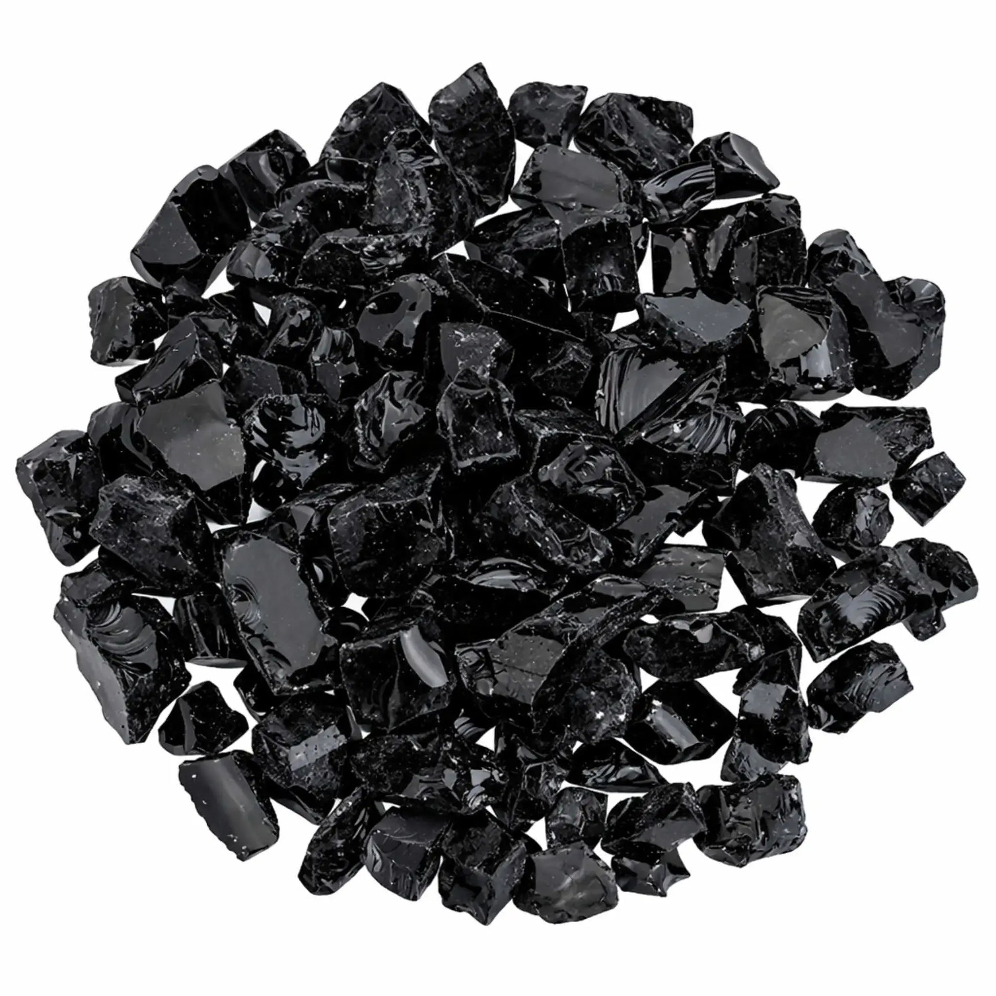 Overhead view of Onyx Black recycled fire glass in a dense circular arrangement, showcasing glossy black shards with reflective surfaces and varied geometric shapes.
