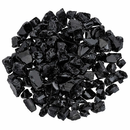 Overhead view of Onyx Black recycled fire glass in a dense circular arrangement, showcasing glossy black shards with reflective surfaces and varied geometric shapes.