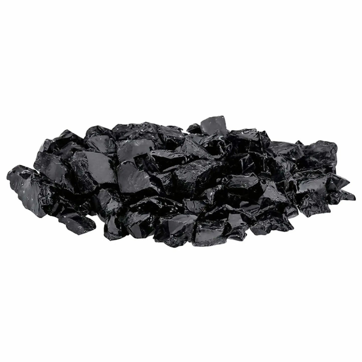Pile of Onyx Black tempered recycled fire glass featuring deep jet-black shards with a glossy finish and sharp, reflective facets, designed for gas fire pits and fireplaces.