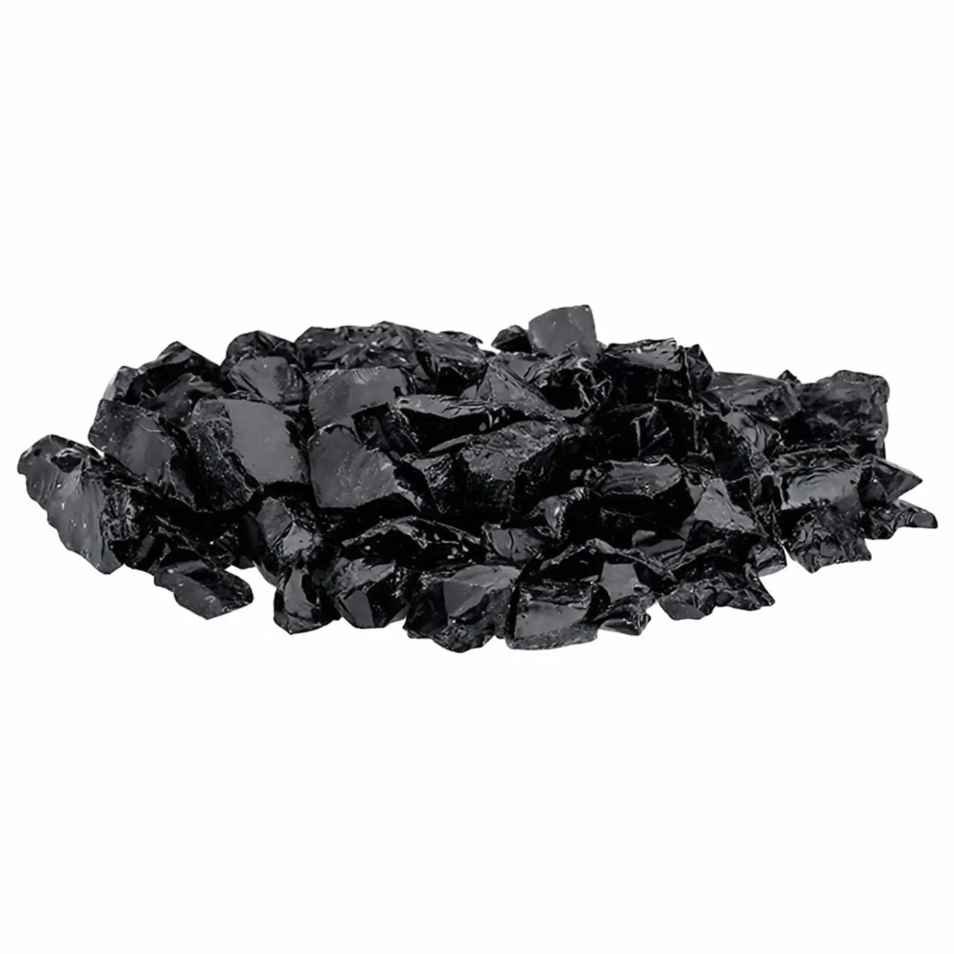 Pile of Onyx Black tempered recycled fire glass featuring deep jet-black shards with a glossy finish and sharp, reflective facets, designed for gas fire pits and fireplaces.