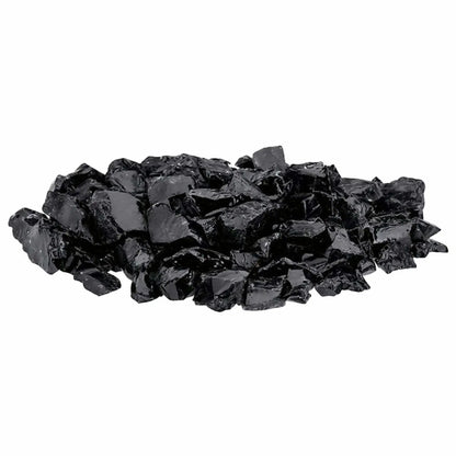 Pile of Onyx Black tempered recycled fire glass featuring deep jet-black shards with a glossy finish and sharp, reflective facets, designed for gas fire pits and fireplaces.