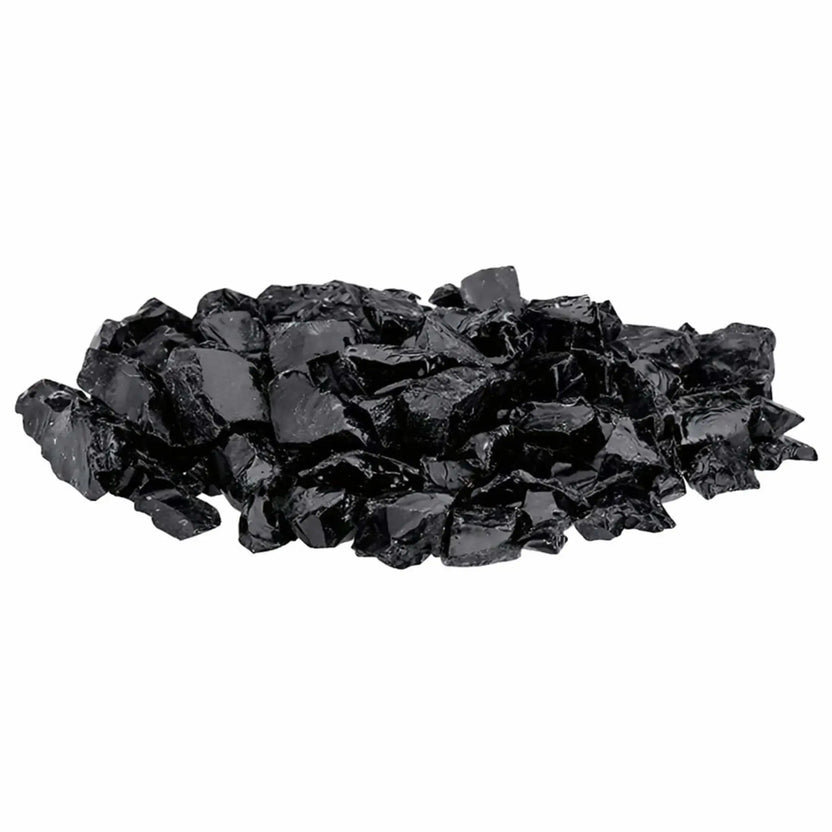 Pile of Onyx Black tempered recycled fire glass featuring deep jet-black shards with a glossy finish and sharp, reflective facets, designed for gas fire pits and fireplaces.