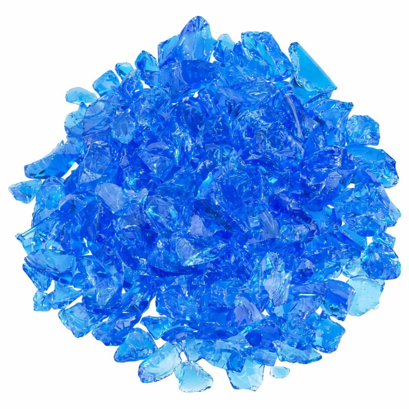 Overhead view of turquoise blue tempered recycled fire glass arranged in a full circular pile, showcasing a blend of aqua and deep blue translucent shards with polished, light-reflecting edges.