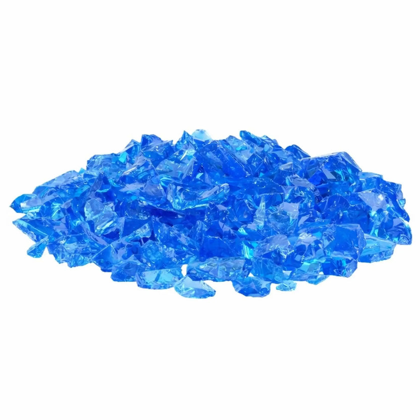 Pile of turquoise blue tempered recycled fire glass featuring vibrant aqua tones with translucent depth and polished, angular edges for decorative gas fire features.