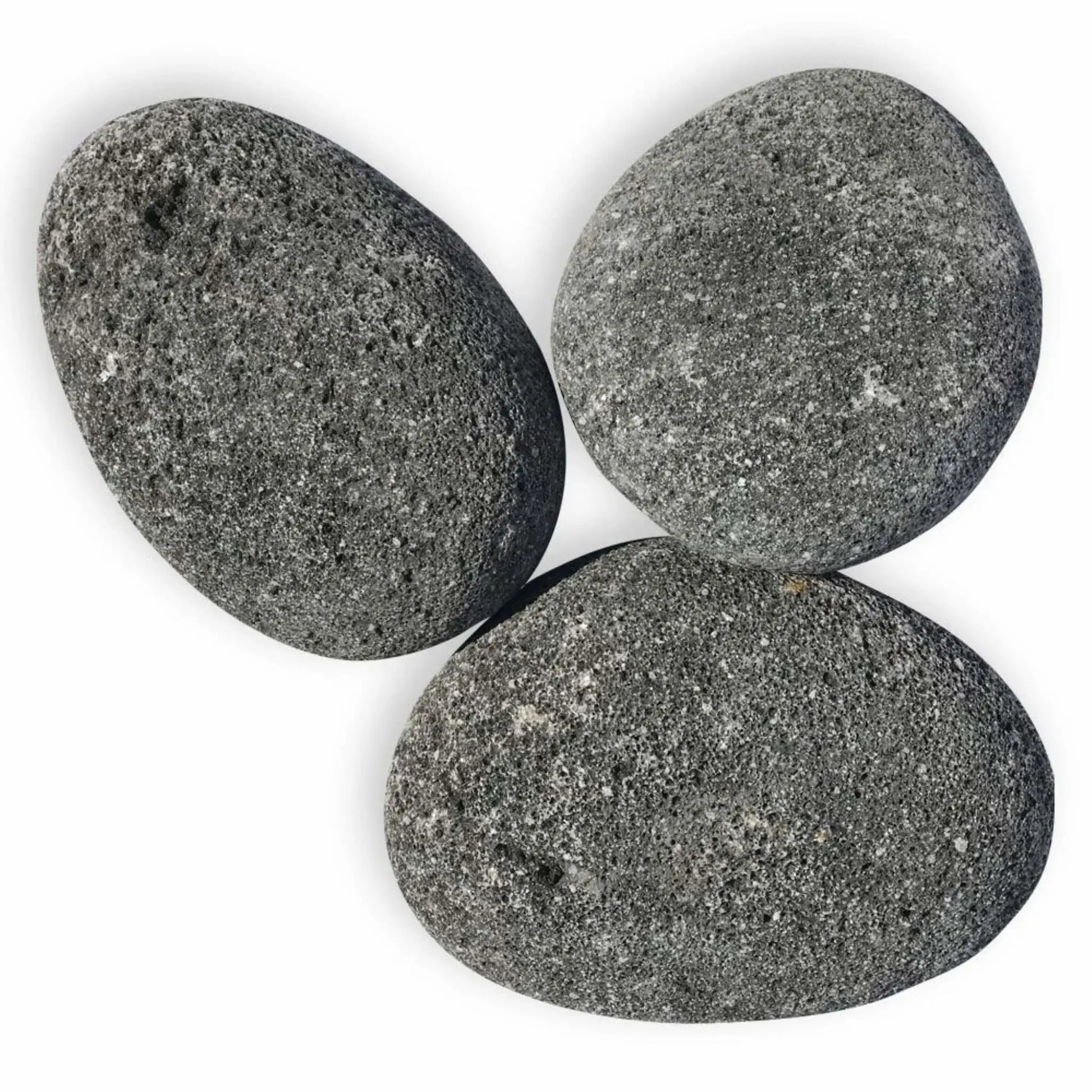 Three extra large American Fire Products lava stones in natural gray finish, each roughly 4 to 6 inches, oval-shaped with a porous volcanic texture, shown against a clean white background.