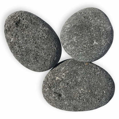 Three extra large American Fire Products lava stones in natural gray finish, each roughly 4 to 6 inches, oval-shaped with a porous volcanic texture, shown against a clean white background.