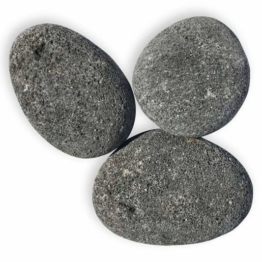 Three extra large American Fire Products lava stones in natural gray finish, each roughly 4 to 6 inches, oval-shaped with a porous volcanic texture, shown against a clean white background.