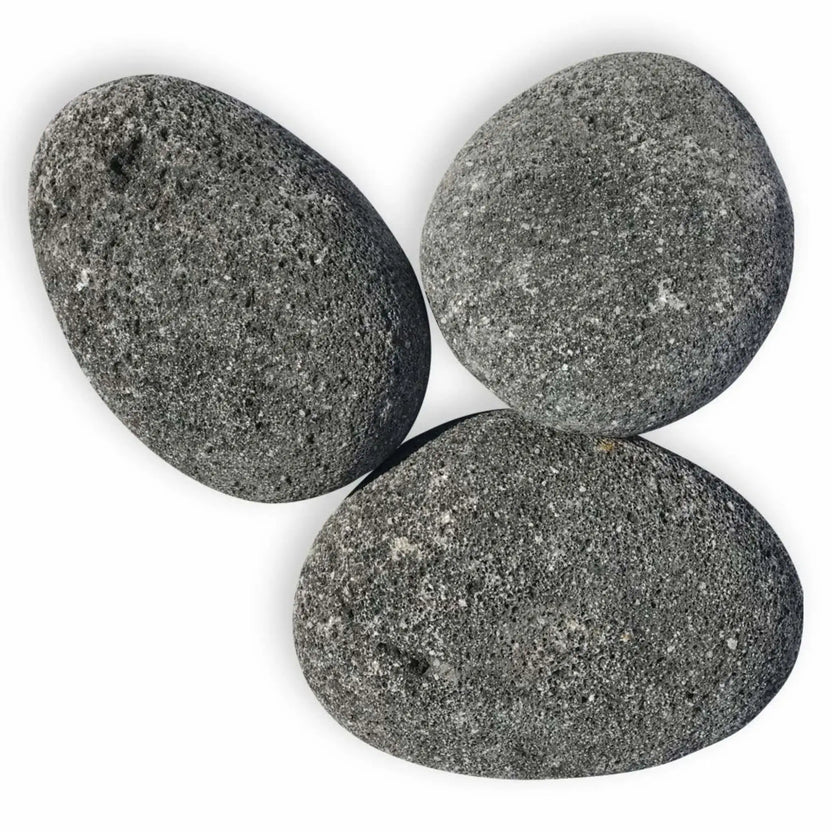 Three extra large American Fire Products lava stones in natural gray finish, each roughly 4 to 6 inches, oval-shaped with a porous volcanic texture, shown against a clean white background.