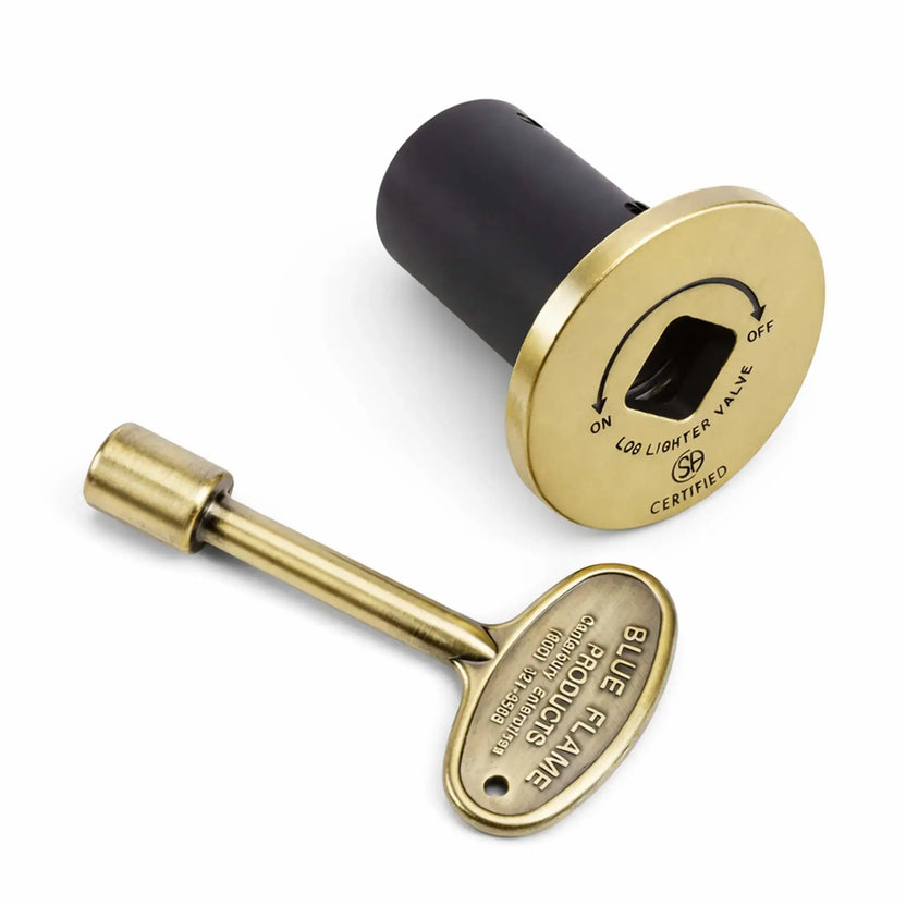 Antique brass decorative straight key valve and matching key from HPC Fire, featuring a round flange plate with ON/OFF directional markings and a square keyhole opening, paired with a solid brass valve key engraved with brand details, isolated on a clean white background.