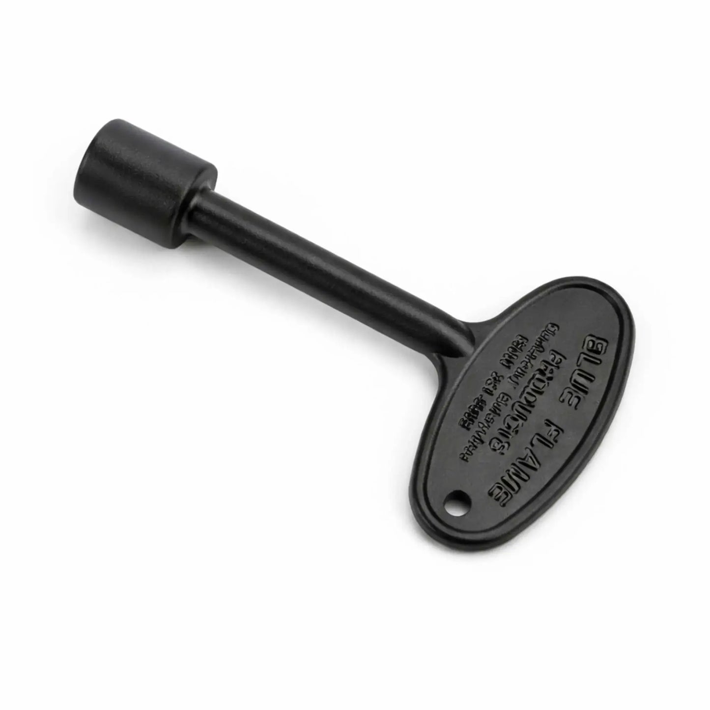 Black finished fire pit valve key with oval grip and engraved lettering, featuring a durable coated shaft and hanging hole, used for turning gas key valves in outdoor fire features.