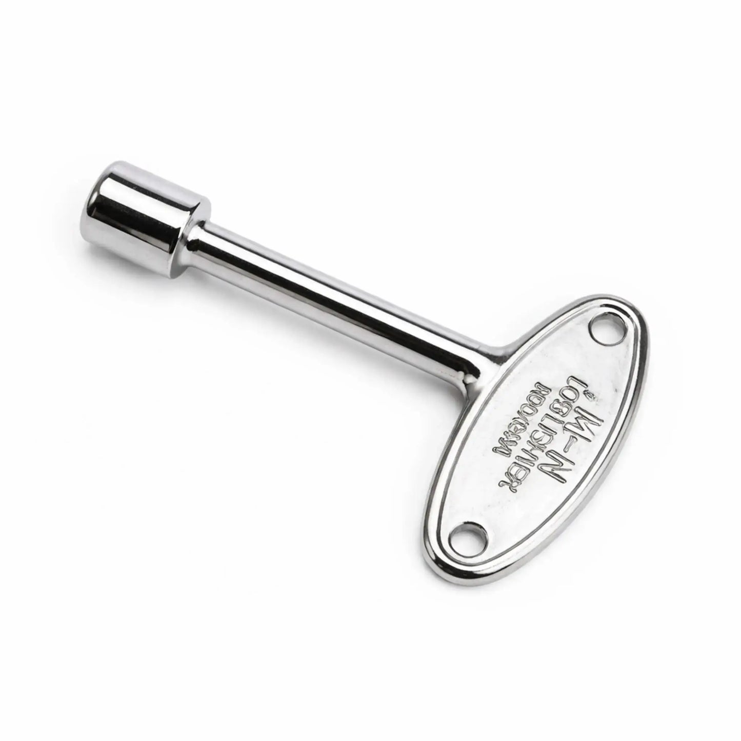 Chrome-plated fire pit valve key with reflective finish, engraved oval handle, and straight shaft, designed for operating decorative gas key valves in modern outdoor fire features.