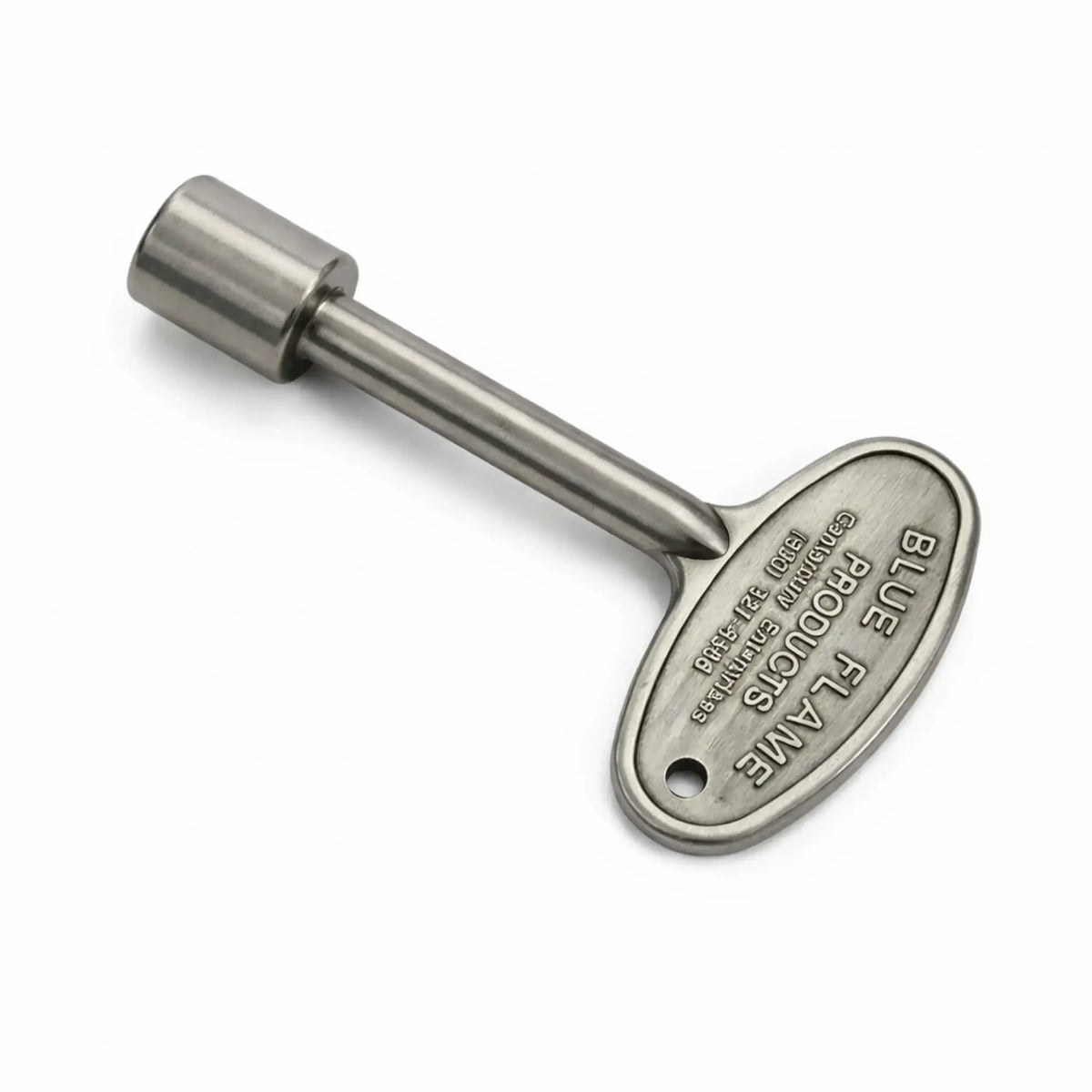 Pewter-finish gas valve key with oval engraved handle and brushed metallic texture, designed for use with fire pit key valves, offering a subtle, rustic aesthetic.