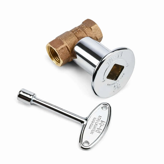 Chrome-finished straight key valve assembly with flange, matching key, and brass valve body, featuring reflective surface and ON/OFF indicators, ideal for modern fire pit installations.