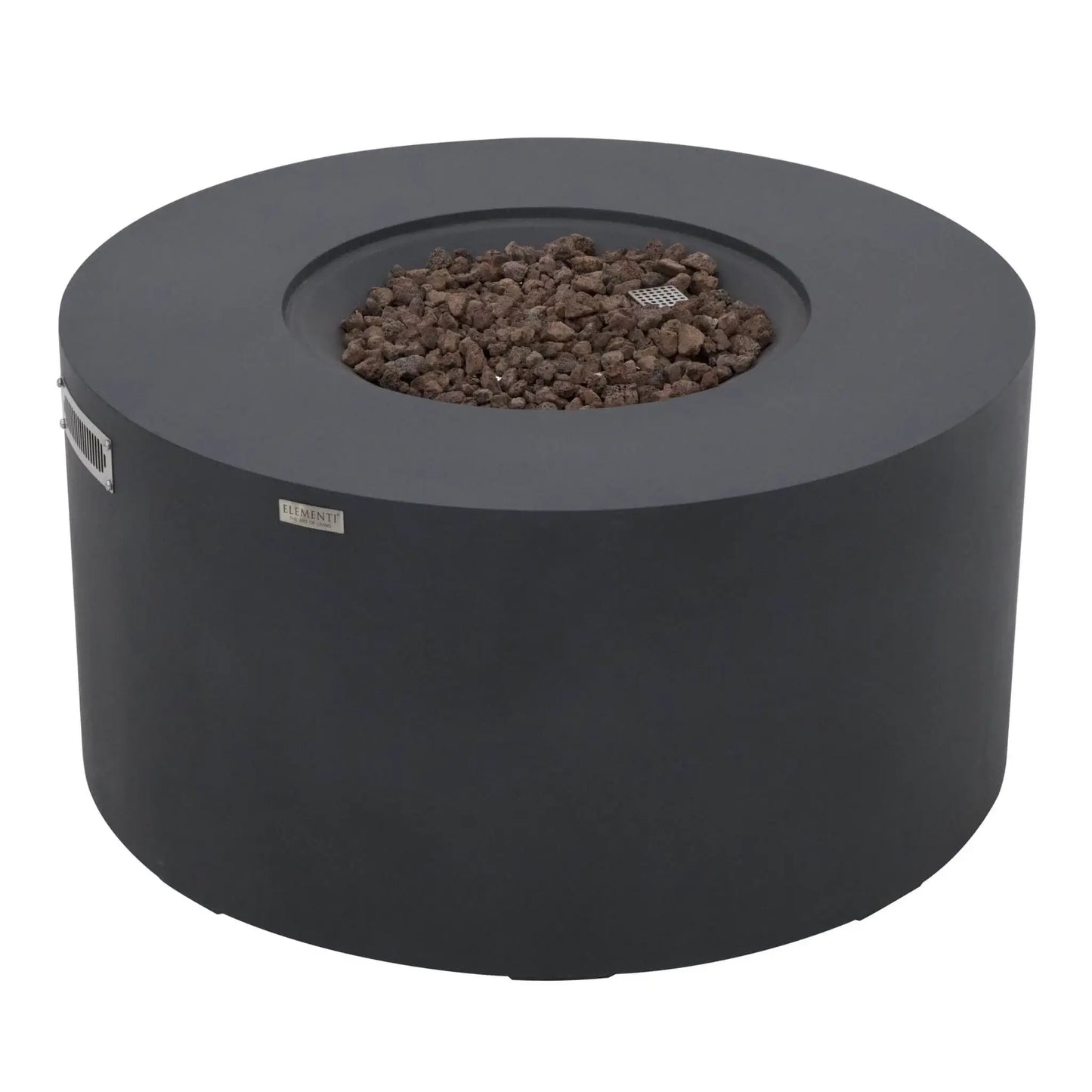 Three-quarter view of the Elementi Art of Living Pacaya Dark Grey hidden propane fire pit table featuring exposed lava rock burner media. The round GFRC concrete fire table displays its spacious recessed fire bowl, modern cylindrical profile, concealed propane storage system, and durable dark grey finish, presented on a clean white background.