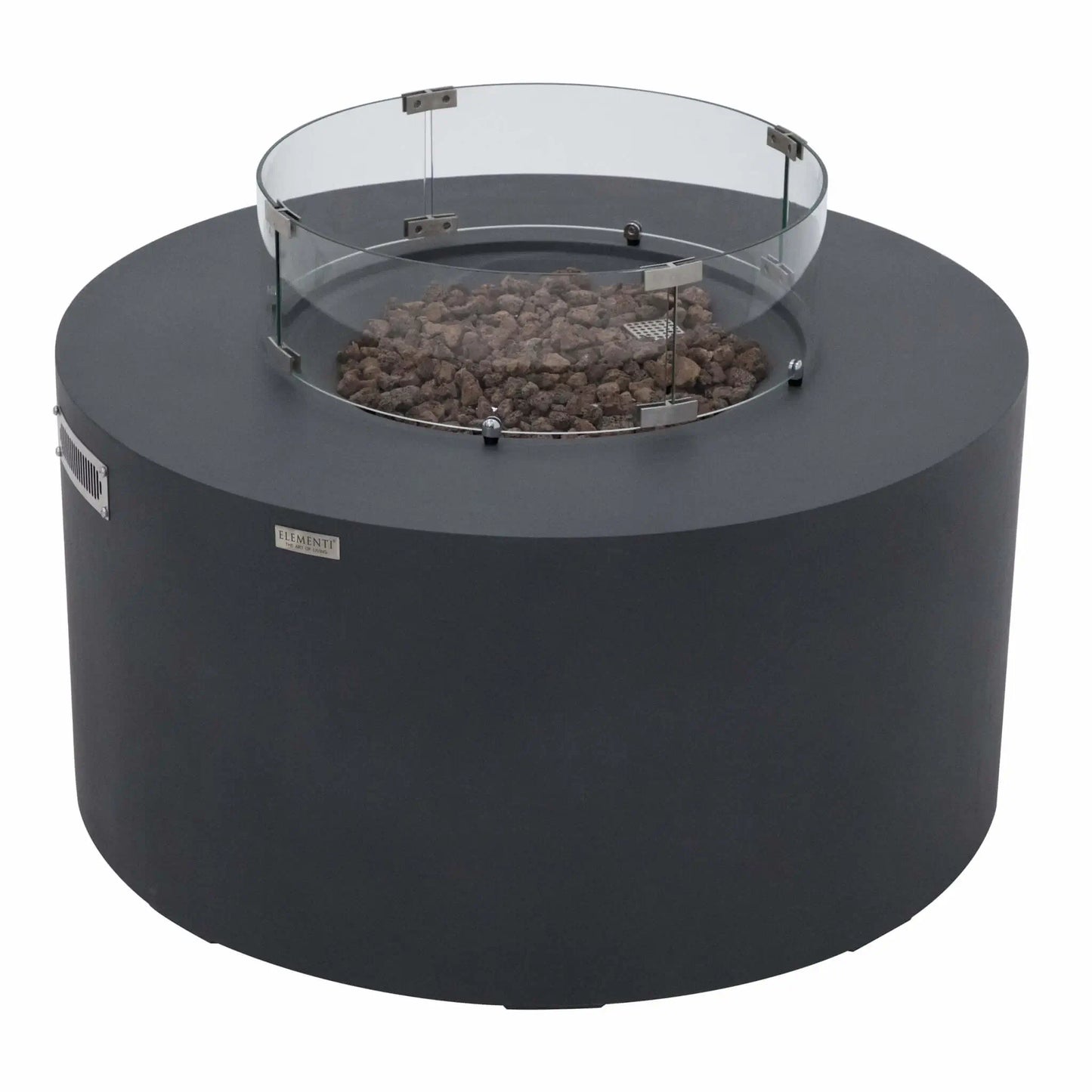 Angled product image of the Elementi Art of Living Pacaya Dark Grey round fire pit table featuring a tempered glass wind guard surrounding the lava rock burner area. The durable GFRC concrete construction, hidden propane configuration, circular fire bowl, and contemporary outdoor styling are clearly visible on a white studio background.