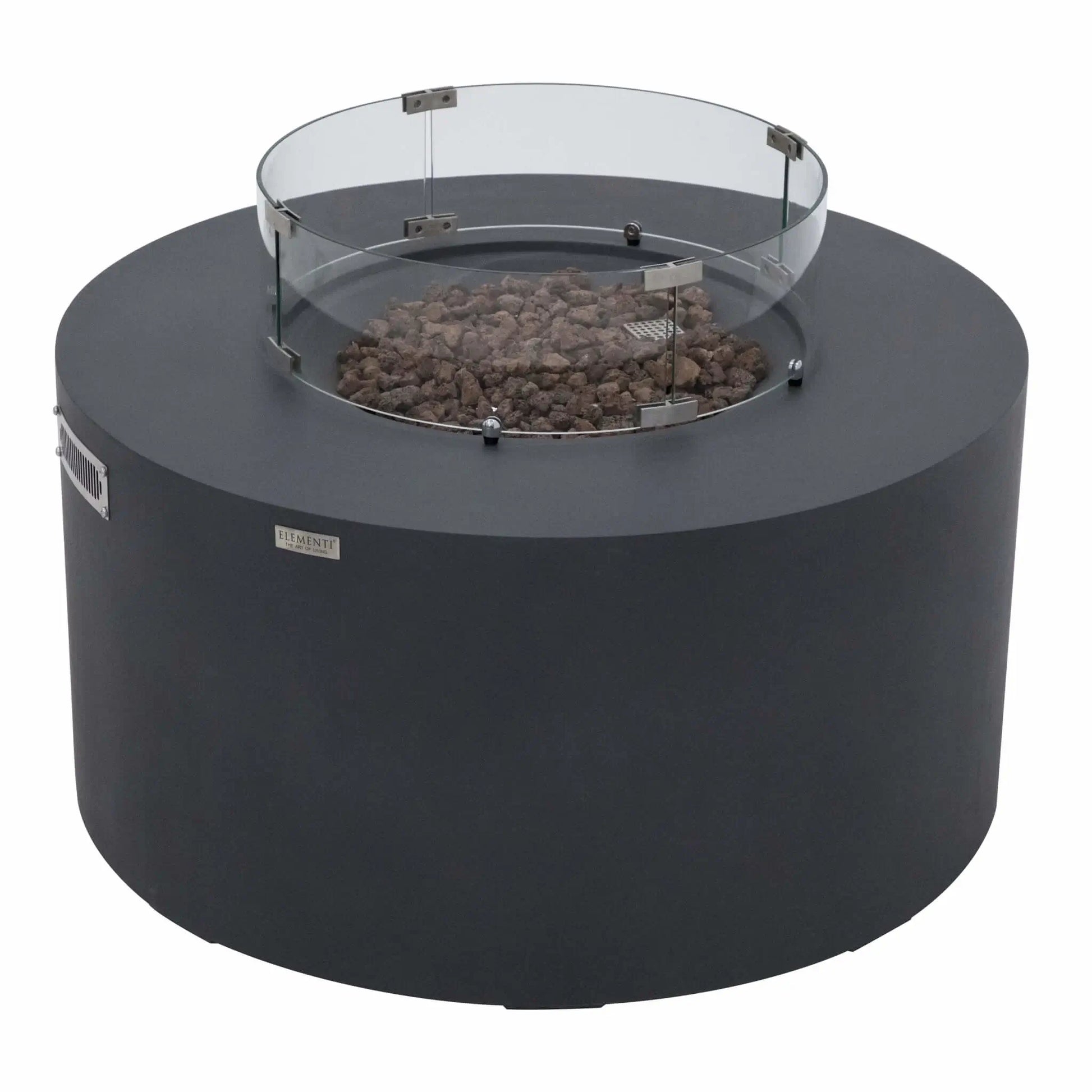Angled product image of the Elementi Art of Living Pacaya Dark Grey round fire pit table featuring a tempered glass wind guard surrounding the lava rock burner area. The durable GFRC concrete construction, hidden propane configuration, circular fire bowl, and contemporary outdoor styling are clearly visible on a white studio background.
