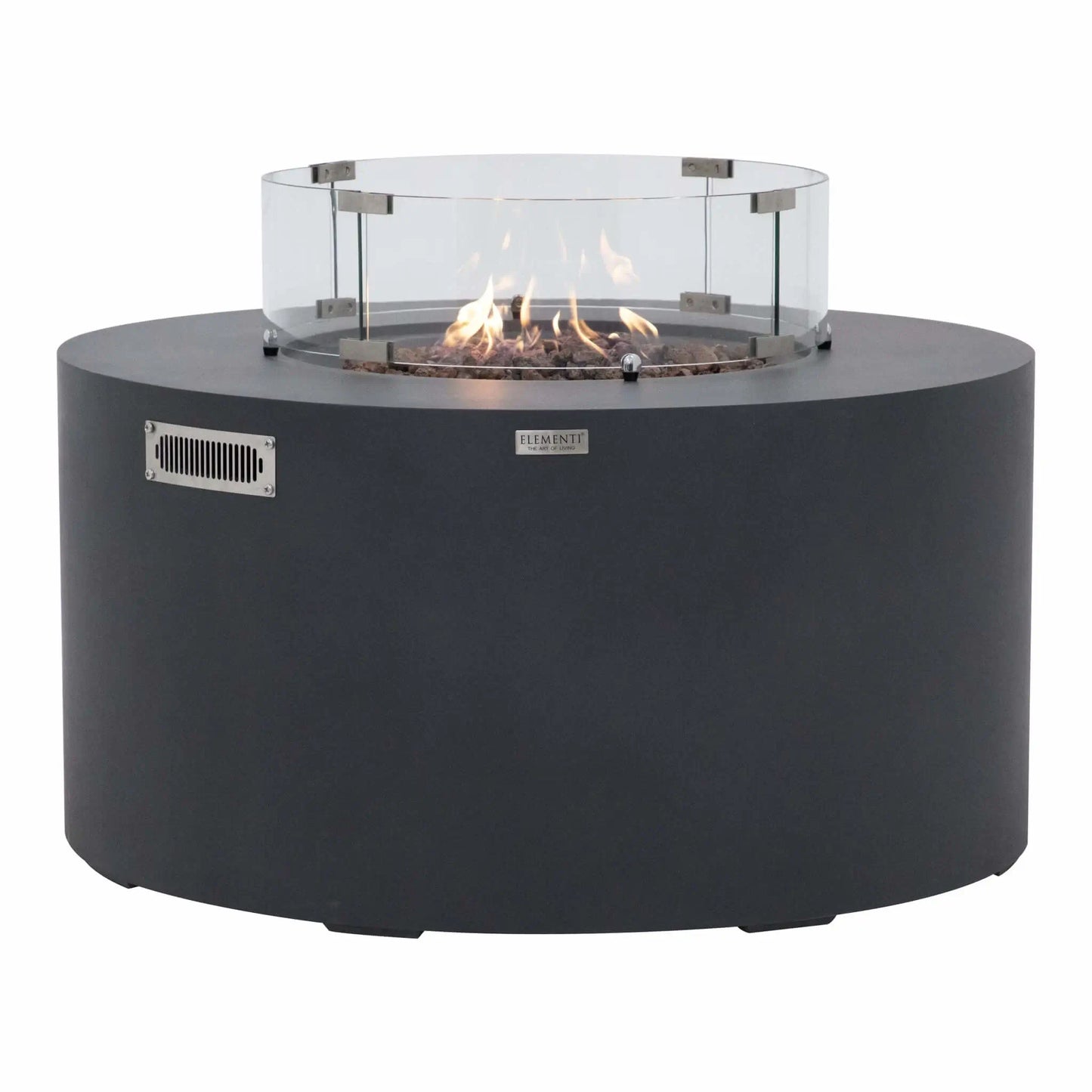Front product view of the Elementi Art of Living Pacaya Dark Grey round fire pit table with active flames burning within the lava rock media and protected by a circular tempered glass wind guard. The GFRC concrete fire pit showcases its hidden propane system, stainless steel vent, and modern outdoor design on a white background.