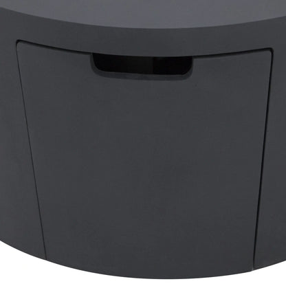 Close-up detail of the hidden drawer access panel on the Elementi Art of Living Pacaya Dark Grey fire pit table. The recessed handle opening is integrated into the curved GFRC concrete body, showcasing the concealed propane tank storage system and clean, uninterrupted appearance of this round outdoor fire pit table.