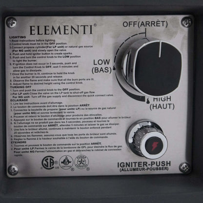 Detailed close-up of the Elementi Art of Living Pacaya Dark Grey fire pit control panel featuring the ignition button, flame adjustment knob, operating instructions, and safety certifications. This image highlights the hidden propane fire pit table's built-in ignition system and user controls for convenient outdoor operation.