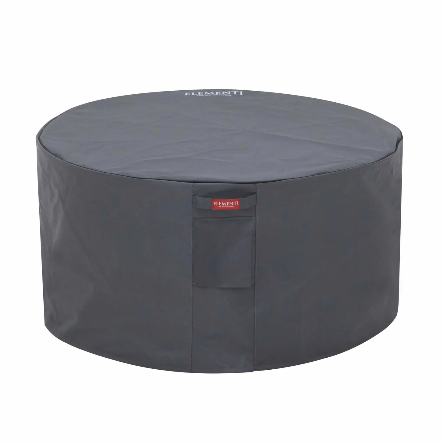Three-quarter product view of the Elementi Art of Living Pacaya Dark Grey round fire pit table cover on a white background. The fitted protective cover is tailored for the Pacaya hidden propane fire pit table, offering full coverage of the circular GFRC concrete structure with durable weather-resistant material, clean lines, and an Elementi-branded front closure panel.