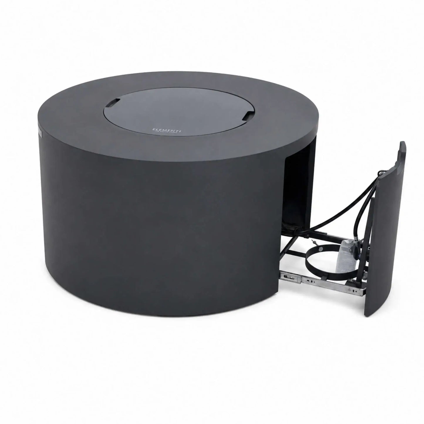 Elementi Art of Living Pacaya Dark Grey round GFRC concrete fire pit table with the matching burner lid installed and the hidden propane drawer pulled open. The image showcases the convertible fire pit-to-coffee-table design, concealed propane storage compartment, durable concrete construction, and sleek modern outdoor furniture styling on a white background.