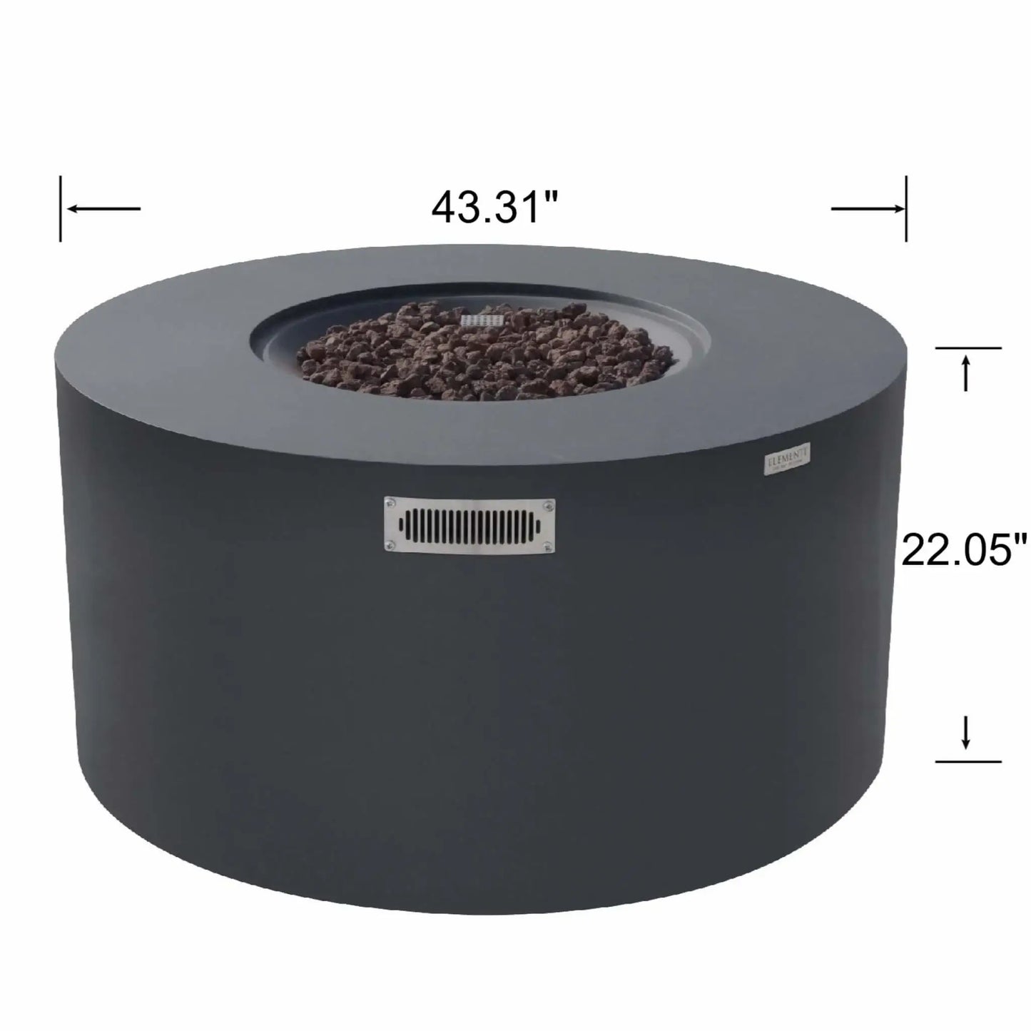 Dimension graphic for the Elementi Art of Living Pacaya Dark Grey round GFRC concrete fire pit table. The image displays the overall size specifications, including a 43.31-inch diameter and 22.05-inch height, while highlighting the recessed lava rock burner area, ventilation panel, and contemporary round fire pit table design.