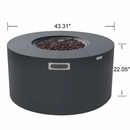 Dimension graphic for the Elementi Art of Living Pacaya Dark Grey round GFRC concrete fire pit table. The image displays the overall size specifications, including a 43.31-inch diameter and 22.05-inch height, while highlighting the recessed lava rock burner area, ventilation panel, and contemporary round fire pit table design.
