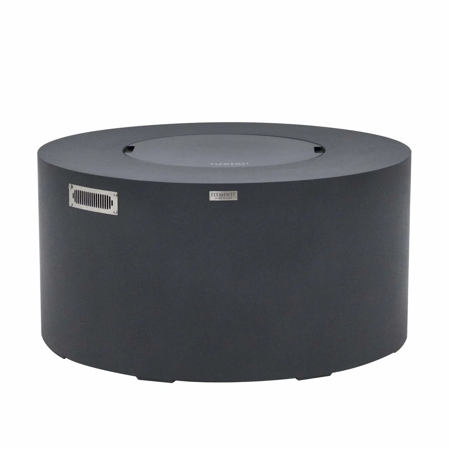 Front product view of the Elementi Art of Living Pacaya Dark Grey round GFRC concrete fire pit table with the burner area covered by its matching lid. This hidden propane fire pit table features a smooth cylindrical design, integrated ventilation panel, concealed propane storage system, and durable dark grey finish, displayed on a clean white background for product catalog and ecommerce presentation.