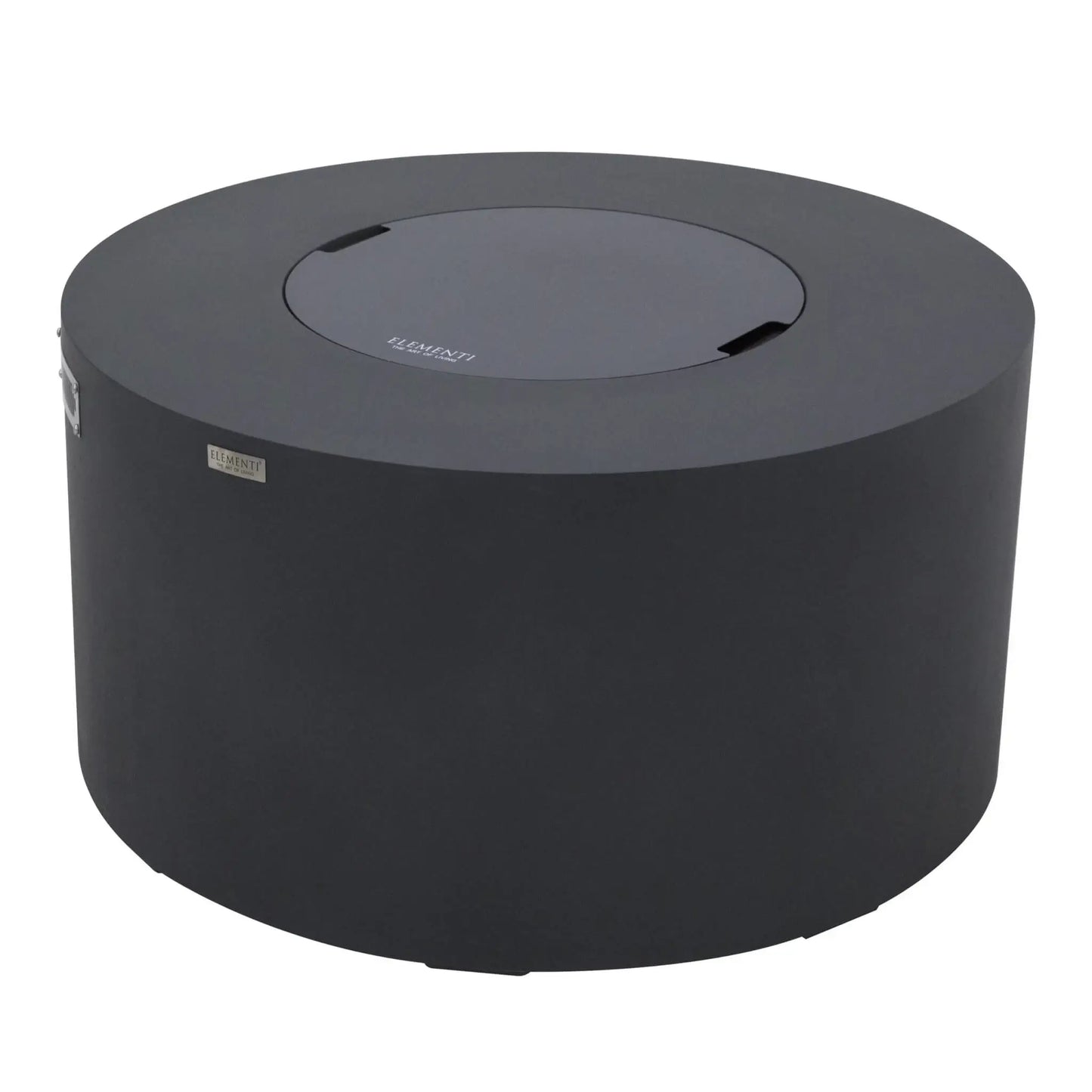 Angled perspective of the Elementi Art of Living Pacaya Dark Grey round fire pit table with the burner cover installed. The GFRC concrete fire pit table showcases its circular profile, hidden propane configuration, recessed lid handles, smooth dark grey finish, and modern outdoor design, photographed on a white background to highlight construction details and overall shape.