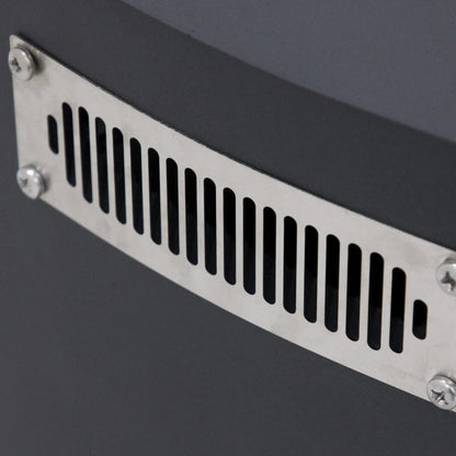 Detailed view of the stainless steel ventilation panel mounted on the side of the Elementi Art of Living Pacaya Dark Grey fire pit table. The vent supports airflow for the hidden propane system while complementing the modern GFRC concrete construction and clean cylindrical design of the round outdoor fire pit table.