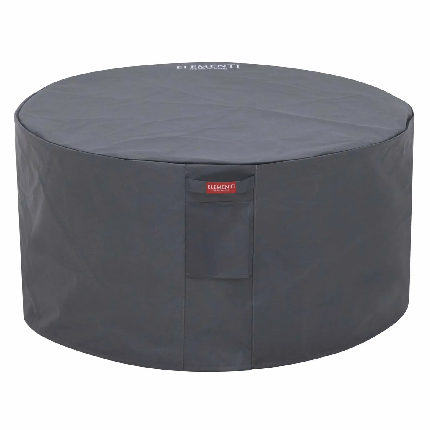 Protective Elementi cover designed for the Pacaya Light Grey round GFRC concrete fire pit table. Displayed on a white background, the weather-resistant dark cover fully encloses the circular fire pit table and features Elementi branding, helping protect outdoor fire features from rain, dust, debris, and environmental exposure when not in use.