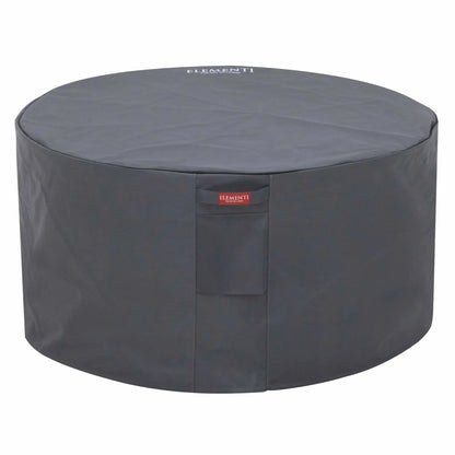 Protective Elementi cover designed for the Pacaya Light Grey round GFRC concrete fire pit table. Displayed on a white background, the weather-resistant dark cover fully encloses the circular fire pit table and features Elementi branding, helping protect outdoor fire features from rain, dust, debris, and environmental exposure when not in use.