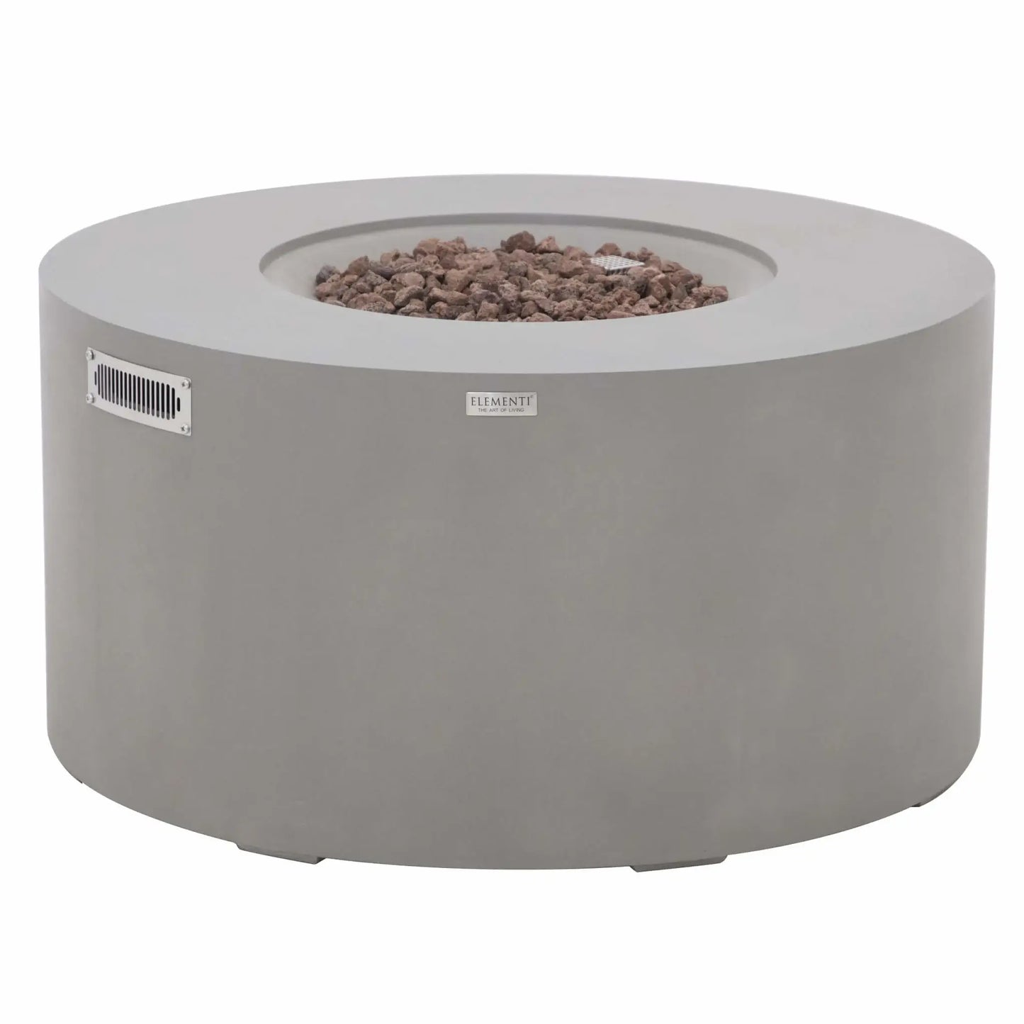 Front product view of the Elementi Art of Living Pacaya Light Grey round GFRC concrete fire pit table with lava rock fire media installed. Displayed on a white background, the image highlights the circular burner basin, stainless steel ventilation panel, branded Elementi badge, and modern concrete construction designed for stylish outdoor heating and entertaining.