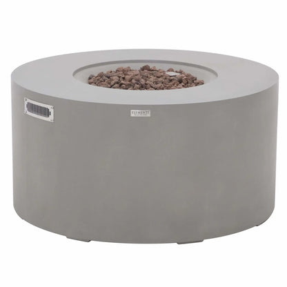 Front product view of the Elementi Art of Living Pacaya Light Grey round GFRC concrete fire pit table with lava rock fire media installed. Displayed on a white background, the image highlights the circular burner basin, stainless steel ventilation panel, branded Elementi badge, and modern concrete construction designed for stylish outdoor heating and entertaining.