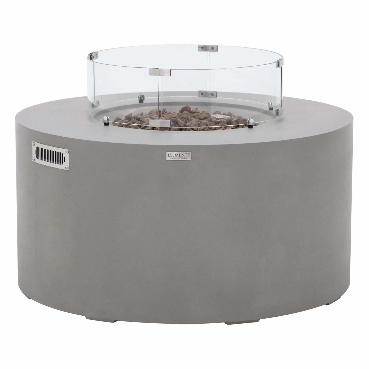 Front product view of the Elementi Art of Living Pacaya Light Grey GFRC concrete fire pit table equipped with a circular tempered glass wind guard. Displayed on a white background, the image highlights the round fire bowl, lava rock media, ventilation panel, and protective glass enclosure designed to improve flame stability while maintaining a clean modern outdoor living appearance.