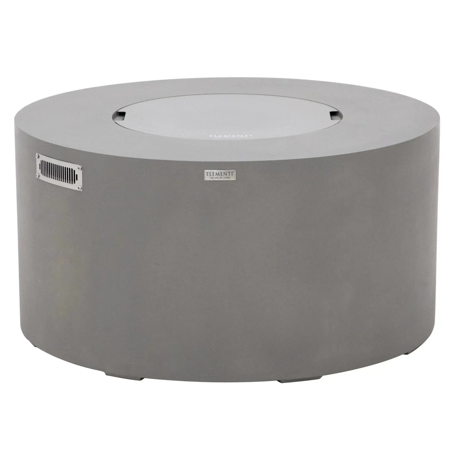 Elementi Art of Living Pacaya Light Grey round GFRC concrete fire pit table displayed with the matching burner lid installed. The image highlights the smooth circular tabletop surface, integrated burner cover, stainless steel ventilation panel, and modern outdoor furniture styling, showcasing how the fire pit converts into a functional coffee table when not in operation.