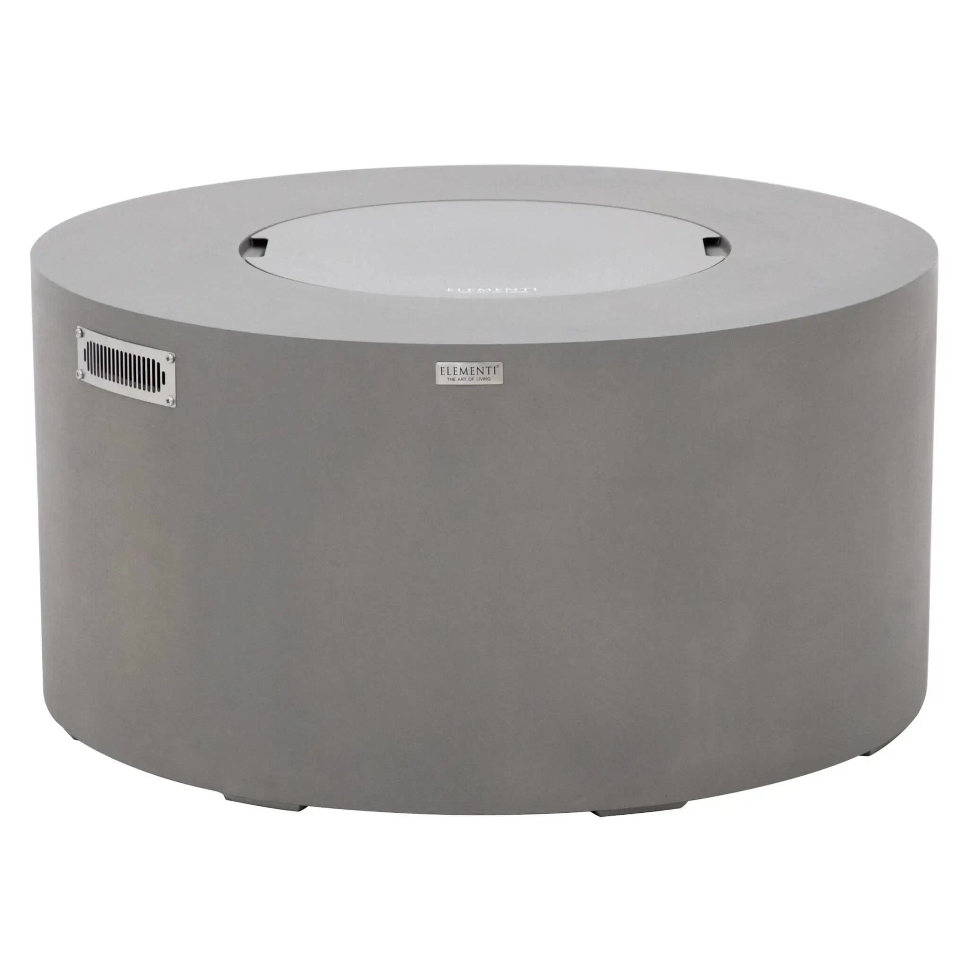 Elementi Art of Living Pacaya Light Grey round GFRC concrete fire pit table displayed with the matching burner lid installed. The image highlights the smooth circular tabletop surface, integrated burner cover, stainless steel ventilation panel, and modern outdoor furniture styling, showcasing how the fire pit converts into a functional coffee table when not in operation.