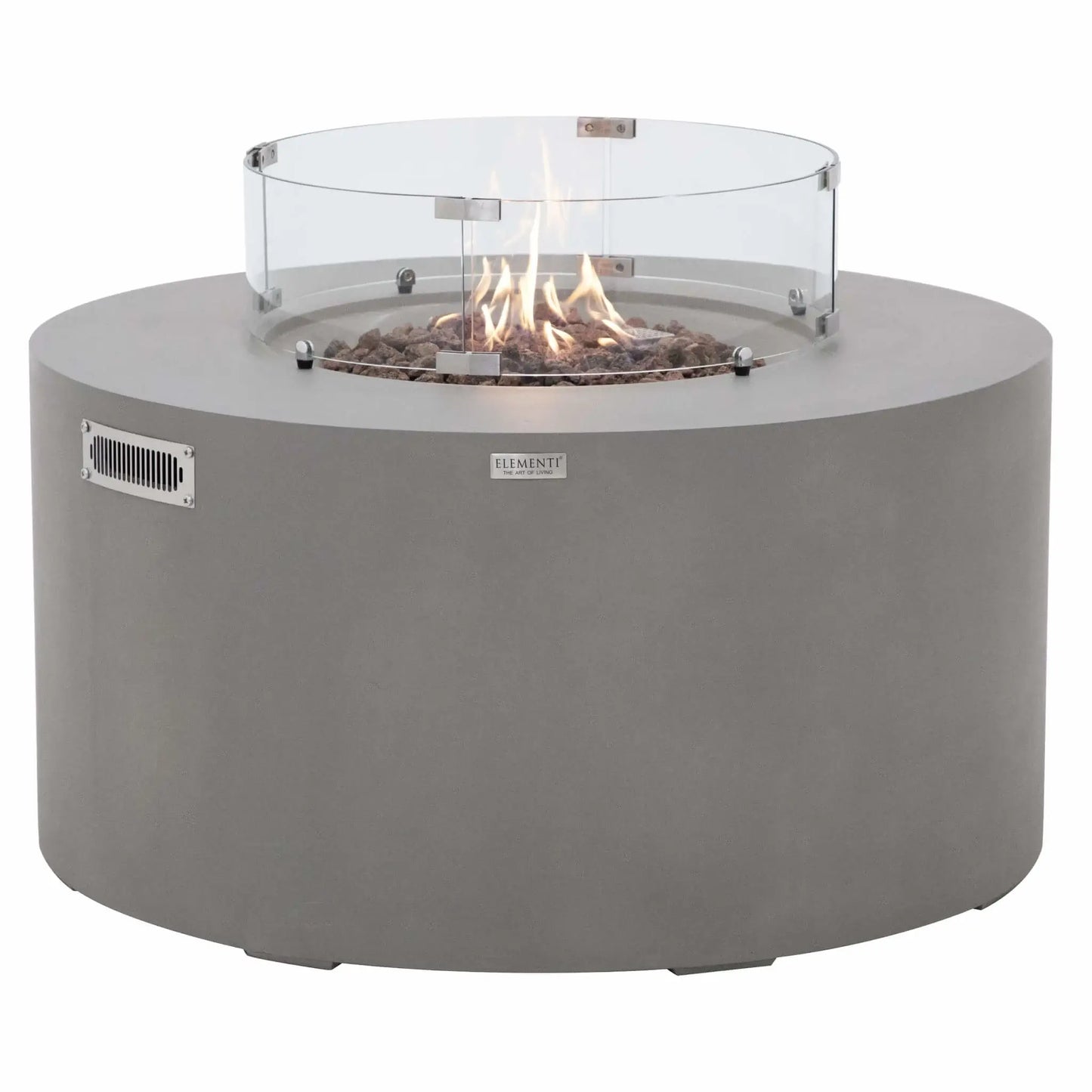Front-facing product image of the Elementi Art of Living Pacaya Light Grey fire pit table with active flames burning above the lava rock media inside the tempered glass wind guard. The image highlights the round GFRC concrete construction, clean cylindrical profile, and warm flame display, illustrating the fire table in operation on a white background.