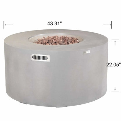 Dimension diagram of the Elementi Art of Living Pacaya Light Grey round GFRC concrete fire pit table showing overall measurements of approximately 43.31 inches in diameter and 22.05 inches in height. The image highlights the circular fire bowl with lava rock media, ventilation panel placement, and product sizing information for outdoor patio planning and installation.