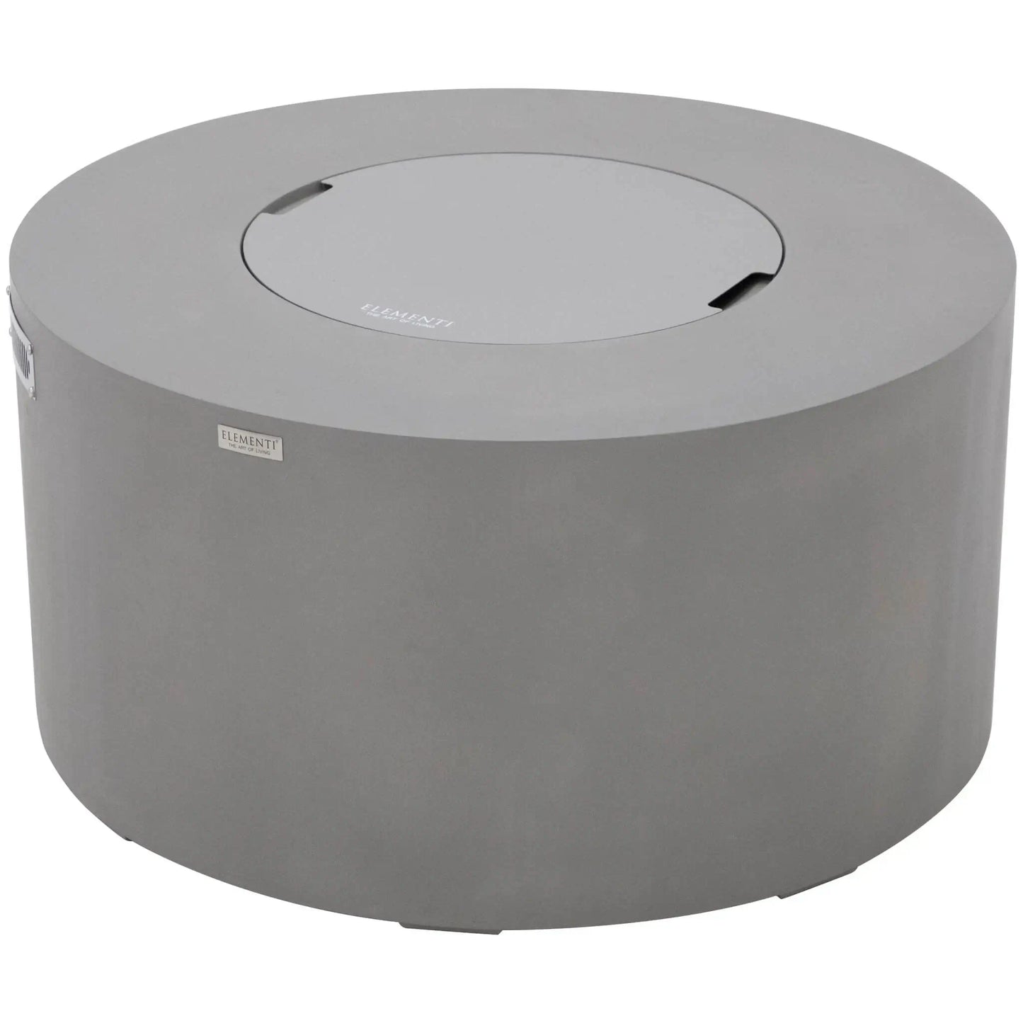 Angled product view of the Elementi Art of Living Pacaya Light Grey round fire pit table featuring a matching center burner lid and durable GFRC concrete construction. Displayed on a white background, the image emphasizes the seamless circular design, premium finish, hidden burner compartment, and elegant coffee-table functionality for outdoor living spaces.